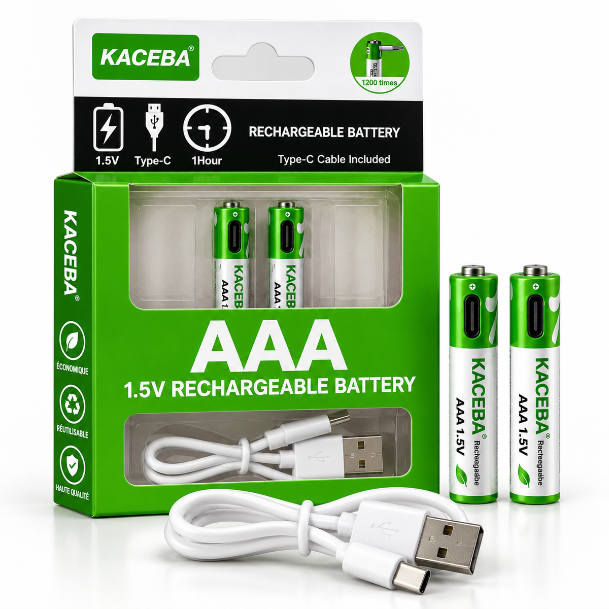 2 Piles Rechargeables KACEBA AAA 1.5V – USB Type-C