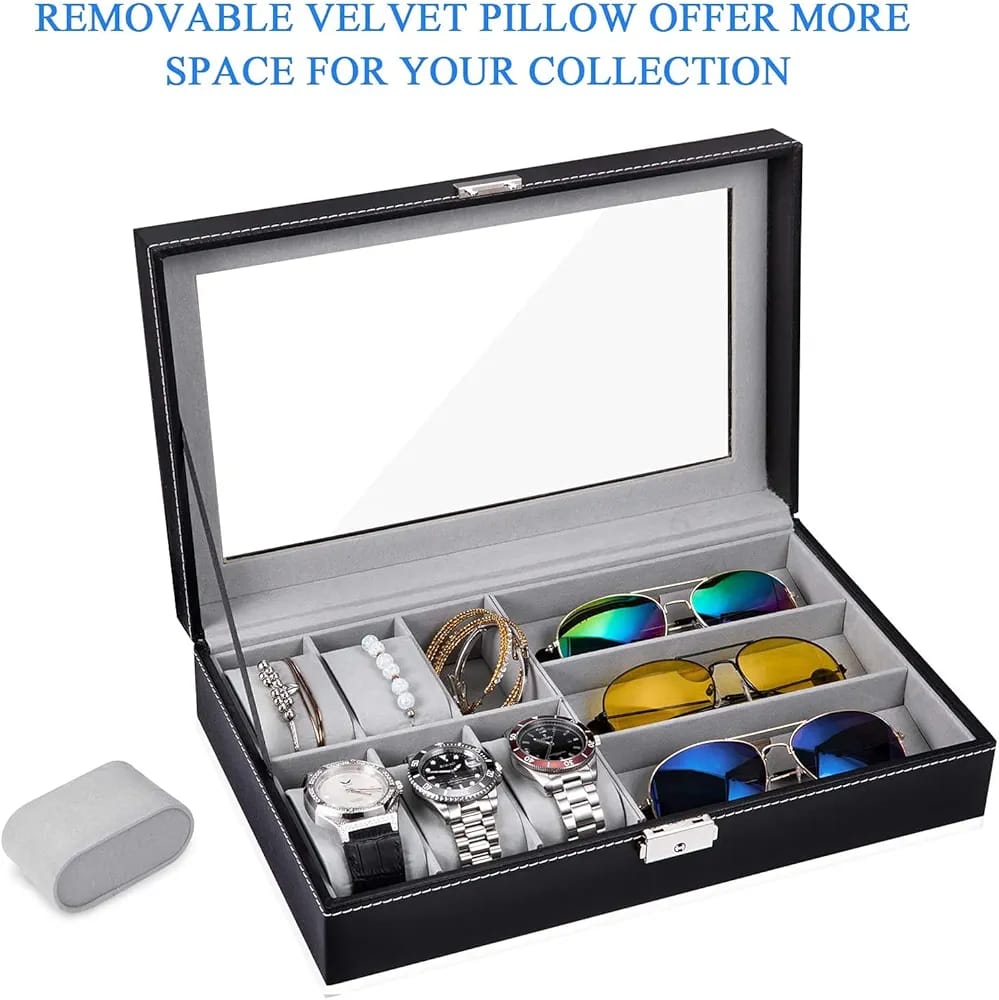 Boîte de rangement 6 montres + 3 lunettes – Finition cuir élégante