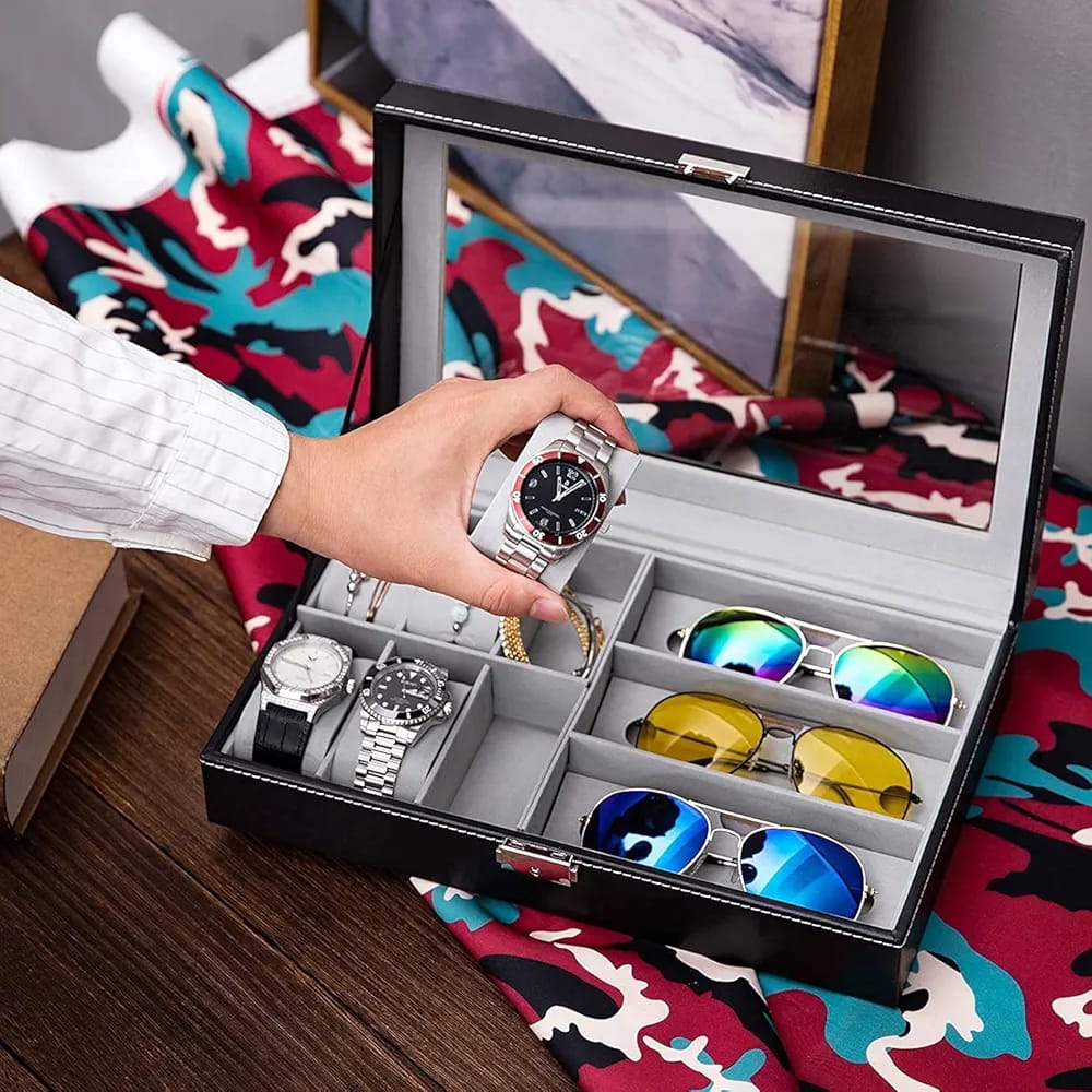 Boîte de rangement 6 montres + 3 lunettes – Finition cuir élégante