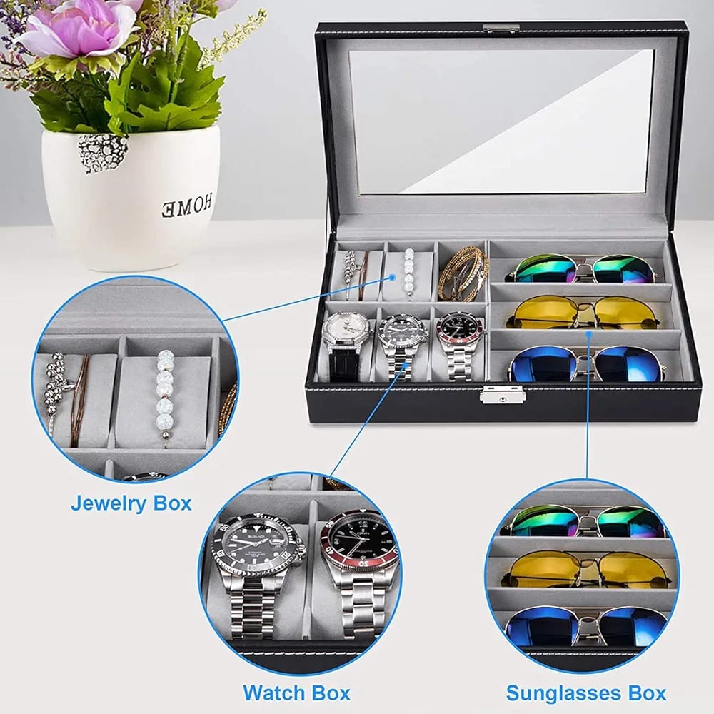 Boîte de rangement 6 montres + 3 lunettes – Finition cuir élégante
