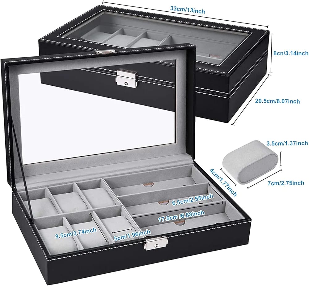 Boîte de rangement 6 montres + 3 lunettes – Finition cuir élégante