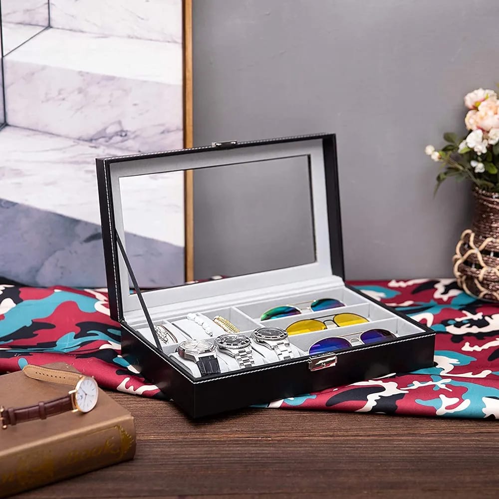 Boîte de rangement 6 montres + 3 lunettes – Finition cuir élégante
