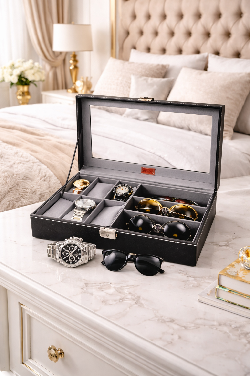 Boîte de rangement 6 montres + 3 lunettes – Finition cuir élégante