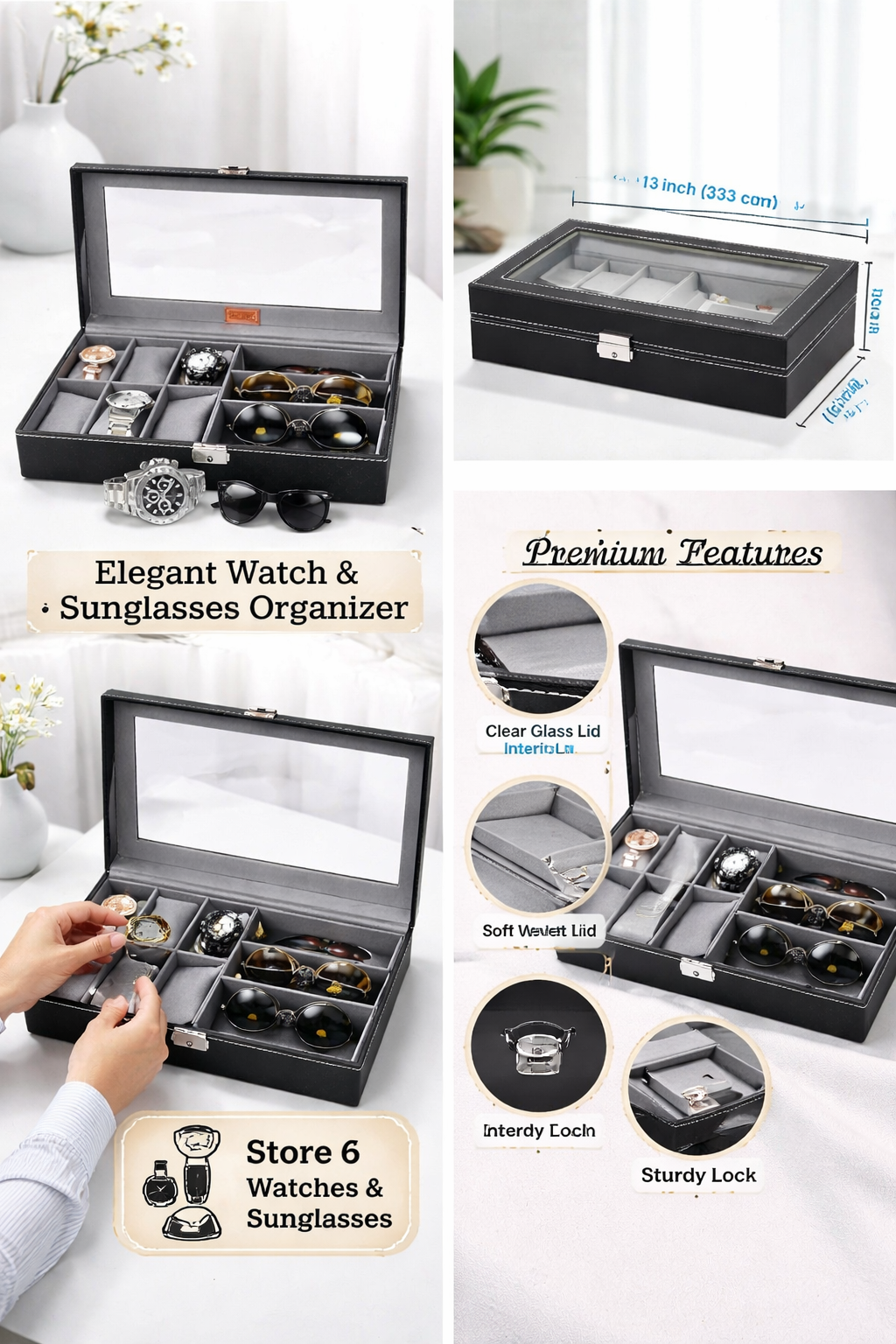 Boîte de rangement 6 montres + 3 lunettes – Finition cuir élégante